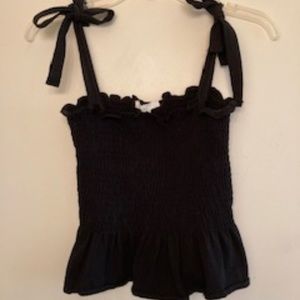 Black smocked tie shoulder top